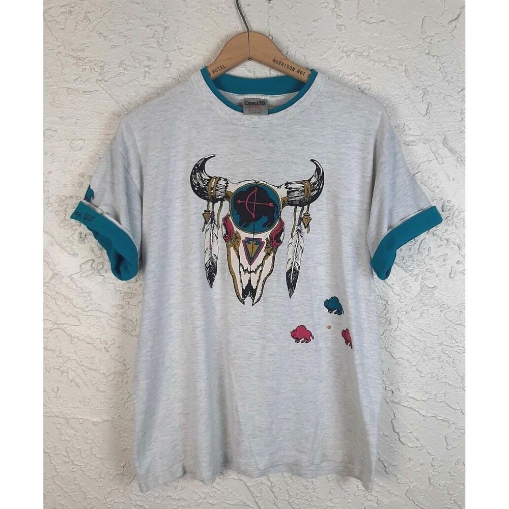VINTAGE‎ Southwest Shirt Native Buffalo Skull 90s Graphic Short Sleeve Tee - Picture 2 of 7